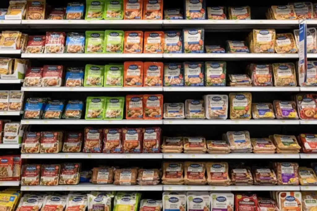 Cook The Restaurant's Food at Home 28 Shelves filled with a variety of chicken sausage products at a Walmart supermarket.