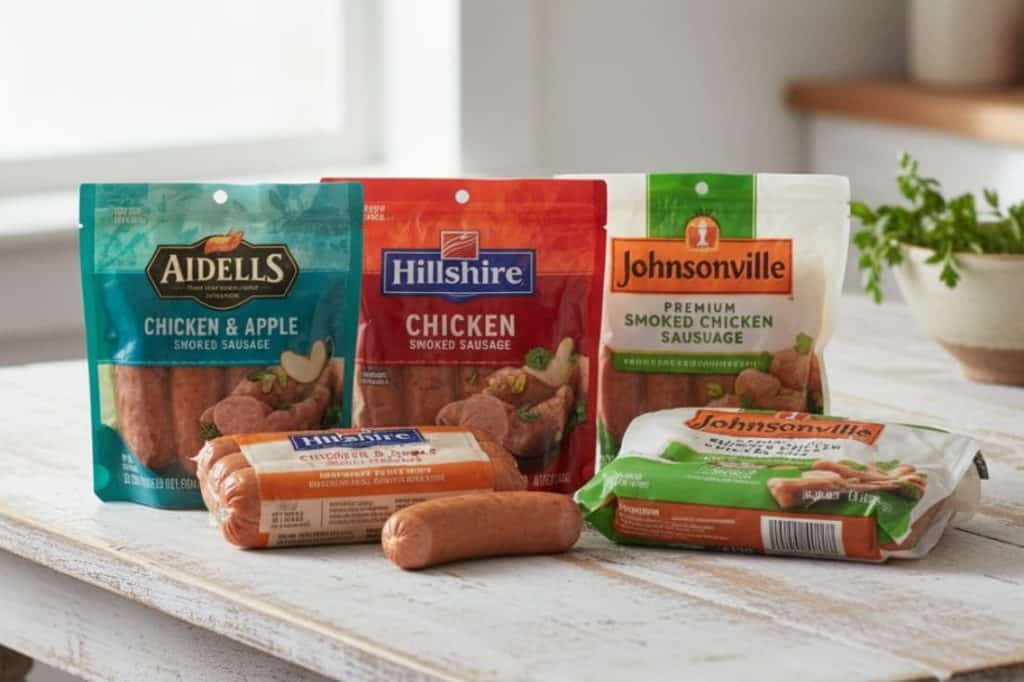 Selection of seasoned chicken sausages, including smoked and flavored varieties, displayed in a Walmart-like setting.