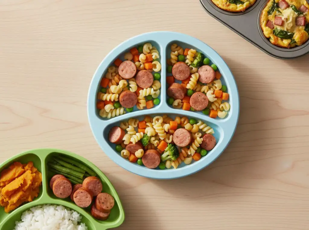 Chicken Sausage for Toddlers: Safe & Tasty Picks 1 Toddler-friendly dish featuring bite-sized chicken sausage pieces alongside colorful veggies and pasta shapes.