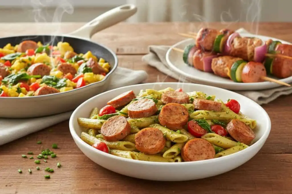 Variety of flavorful chicken sausage-based meals, showcasing different cooking styles and preparation methods.