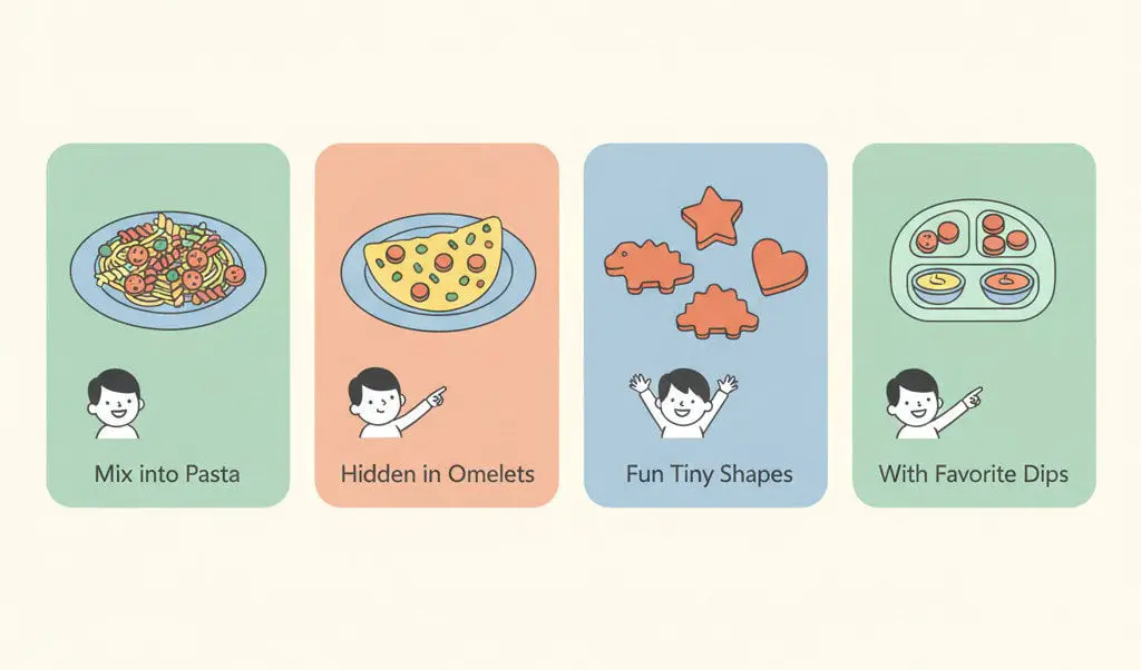 Chicken Sausage for Toddlers: Safe & Tasty Picks 4 Illustrations of different chicken sausage meal ideas for toddlers, such as mixing pasta, hiding food in omelets, fun tiny shapes, and serving with favorite dips.