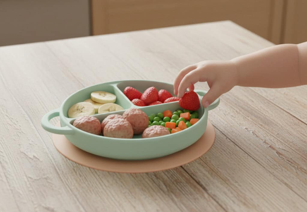 Chicken Sausage for Toddlers: Safe & Tasty Picks 2 Healthy meal with chicken sausage, fruits, and vegetables on a sectioned plate for a toddler's balanced diet.