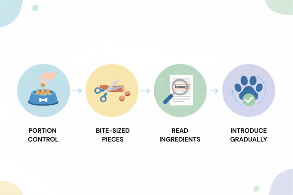 Chicken Sausage Treats for Dogs: Safe, Tasty Picks 3 Intuitive icons outlining a thoughtful approach to introducing a dog to a different diet, focusing on factors like serving size, texture, and gradual implementation.