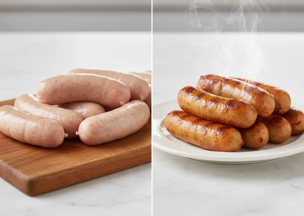 Cook The Restaurant's Food at Home 29 Comparison of raw and cooked chicken sausages showcases the transformation from uncooked to appetizing, grilled fare.