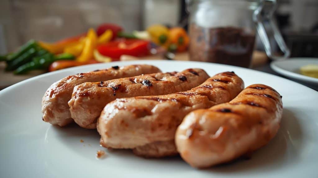 Are chicken sausages nice? Perfectly grilled chicken sausages with grill marks on white plate with colorful peppers