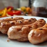 Are chicken sausages nice? Perfectly grilled chicken sausages with grill marks on white plate with colorful peppers