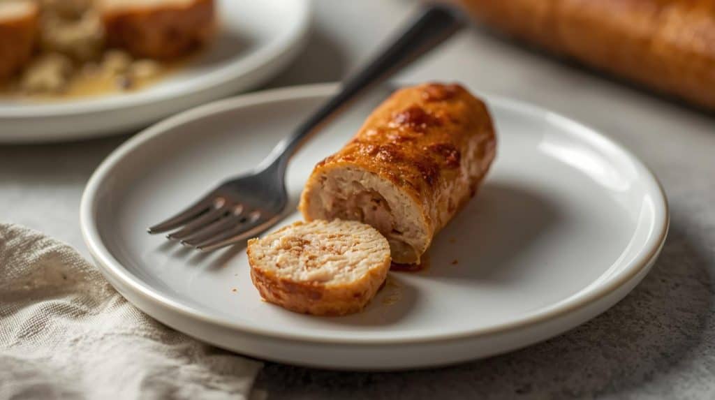 Are chicken sausages protein? Sliced chicken sausage on white plate revealing lean meat texture with fork nearby
