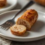 Are chicken sausages protein? Sliced chicken sausage on white plate revealing lean meat texture with fork nearby