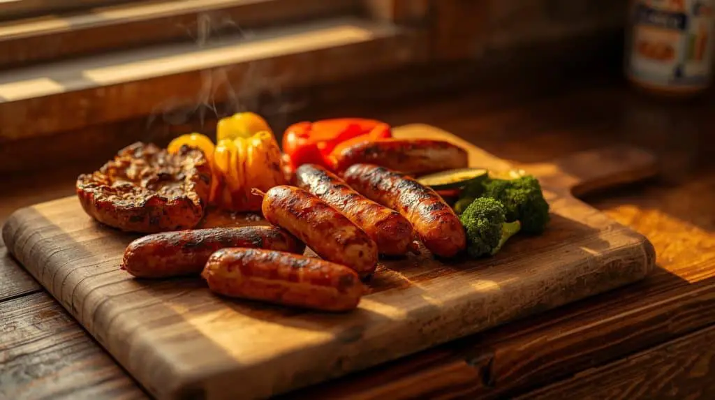 Grilled chicken sausage good for diabetics accompanied by low-carb vegetables on wooden cutting board