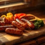 Grilled chicken sausage good for diabetics accompanied by low-carb vegetables on wooden cutting board