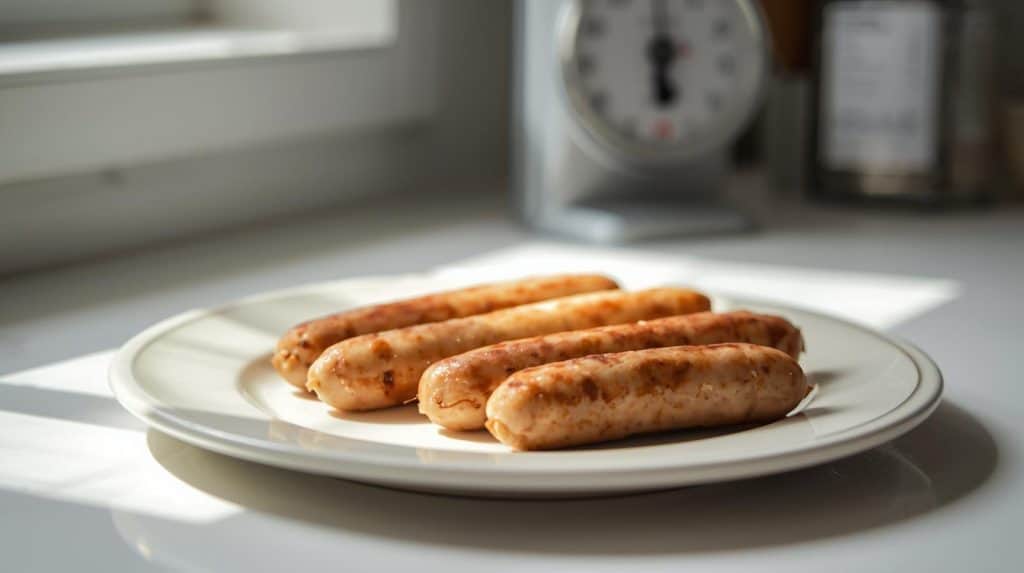 Does chicken sausage have carbs? Five cooked chicken sausages plated on white dish near kitchen timer