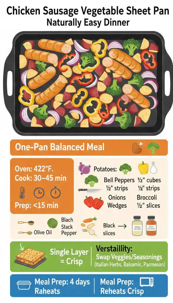 Chicken sausage vegetable sheet pan with potatoes, onions, broccoli, and bell peppers.