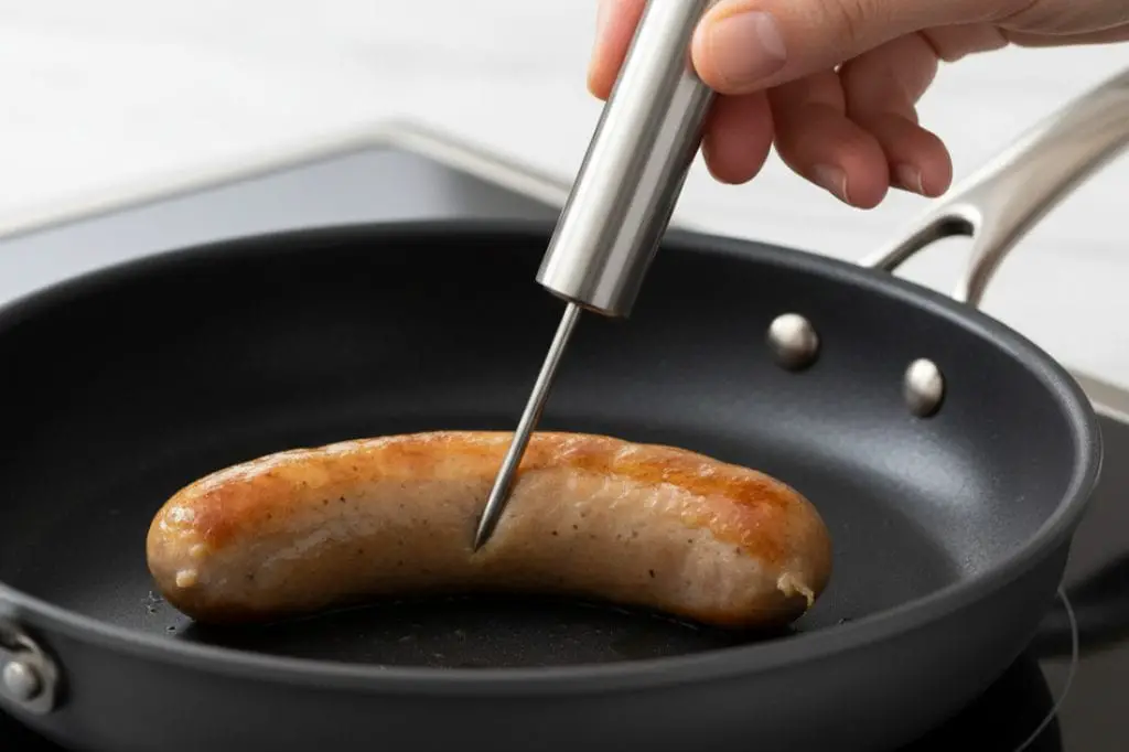 Hand holding a digital meat thermometer and probing a grilled chicken sausage in a pan, ensuring the proper internal heat level is reached for food safety.