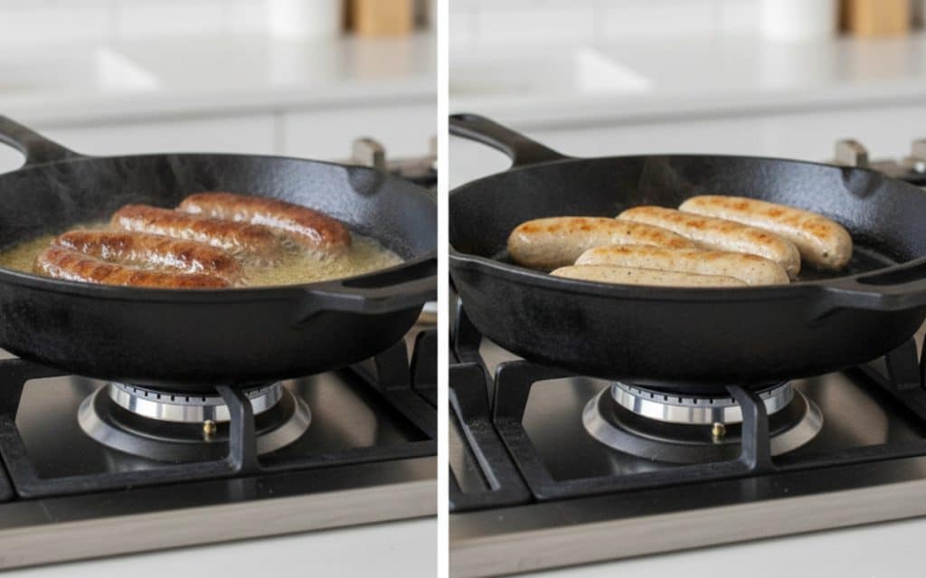 Chicken Sausage vs Pork Naturally, Flavor Without the Guilt 1 Side-by-side pans demonstrating chicken sausage vs pork cooking on a stove to show lean vs higher-fat options.