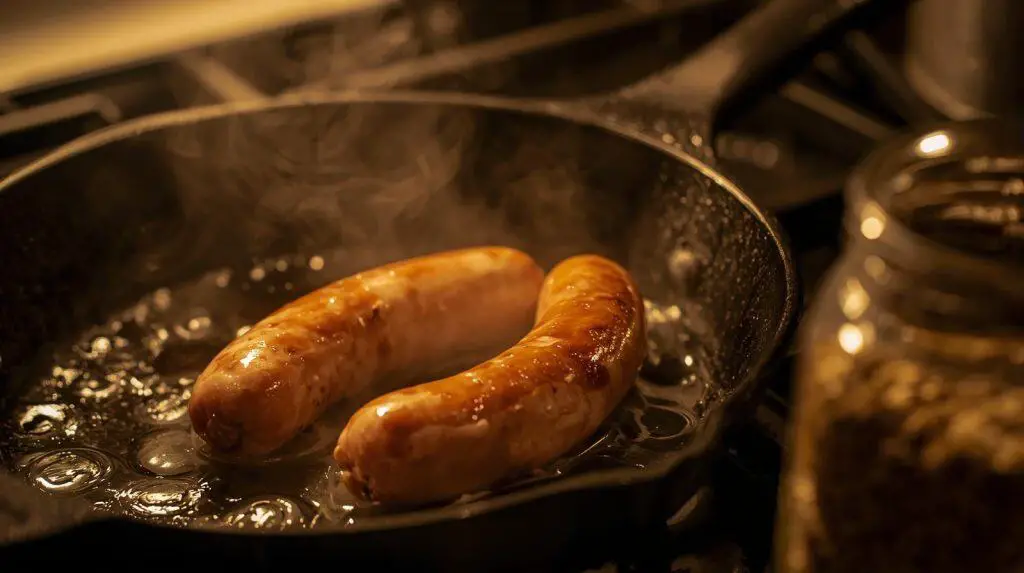 Does chicken sausage have carbs? Two sausages cooking in a pan with oil and water droplets