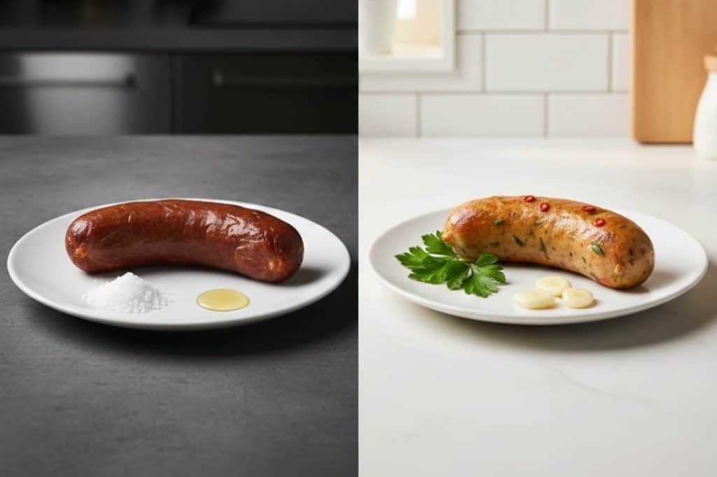 Grilled chicken sausages on plates, inviting consideration of whether their consumption may contribute to inflammation in the body.