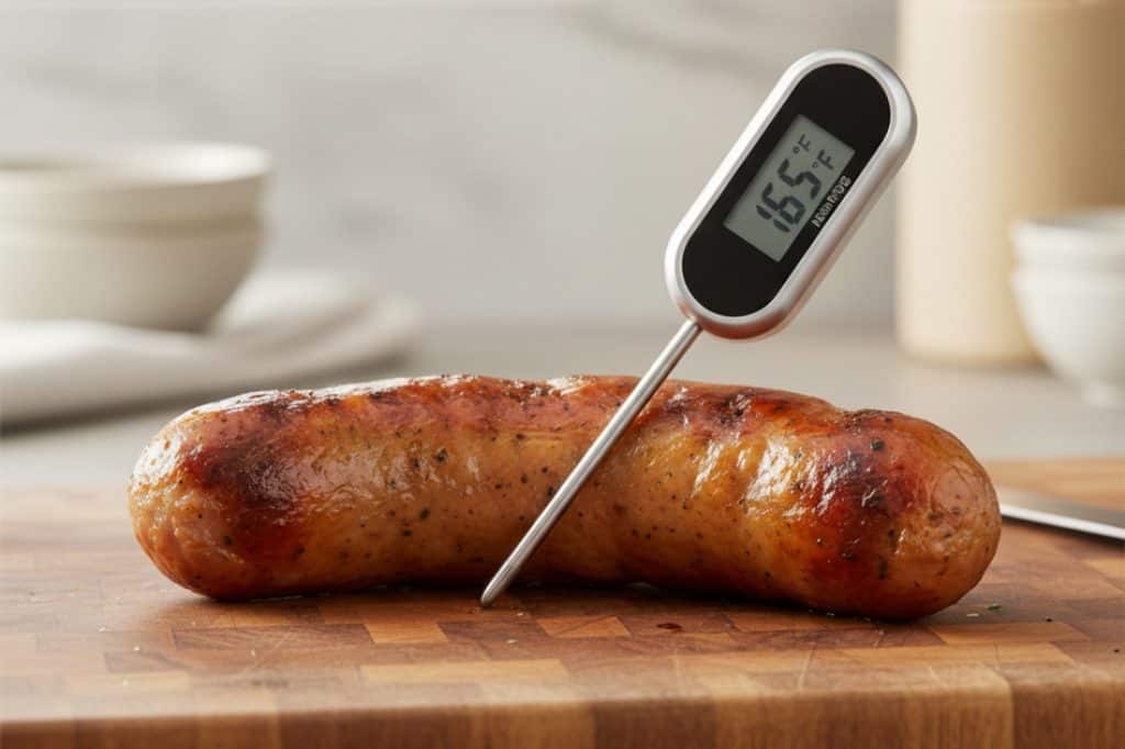 Digital food thermometer inserted into a grilled sausage to measure its internal temperature, ensuring the chicken sausage is cooked to a safe and optimal level.