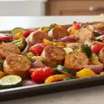 Chicken sausage vegetable sheet pan meal prepped with seasoning on a liner in a bright, modern kitchen.