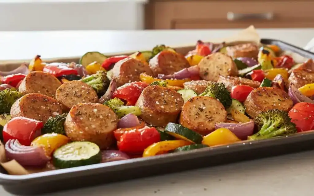 Chicken sausage vegetable sheet pan meal prepped with seasoning on a liner in a bright, modern kitchen.