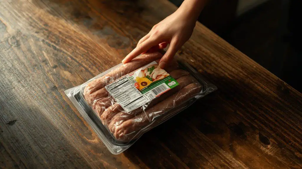  Does chicken sausage have carbs? Hand holding packaged raw chicken sausages with nutrition label visible