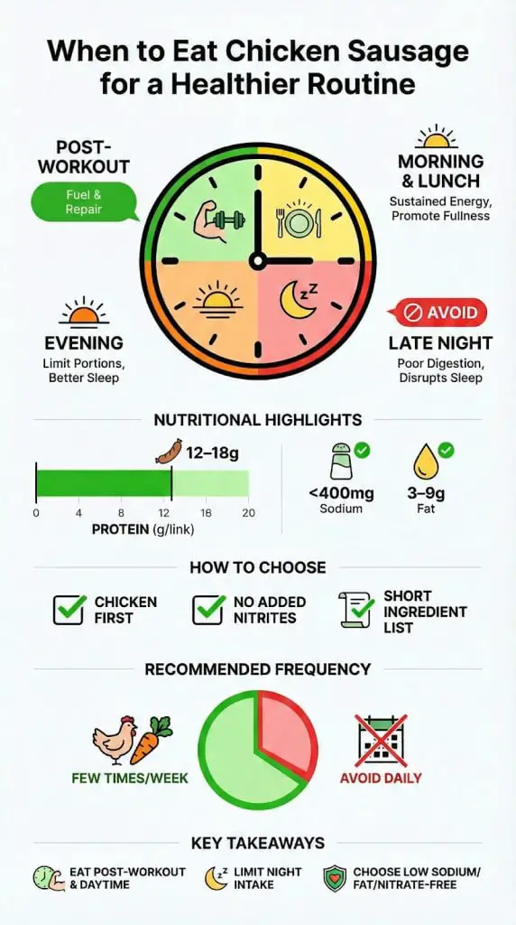 Visual guide outlining the optimal times and recommendations for incorporating chicken sausage into one's routine.