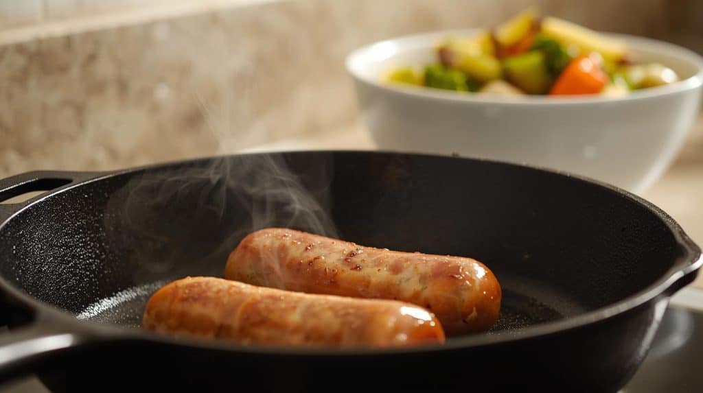 Is Chicken Apple Sausage Healthy? A Savory Truth 2 Is chicken apple sausage healthy? Two chicken sausages cooking in cast iron skillet with steam and vegetables nearby