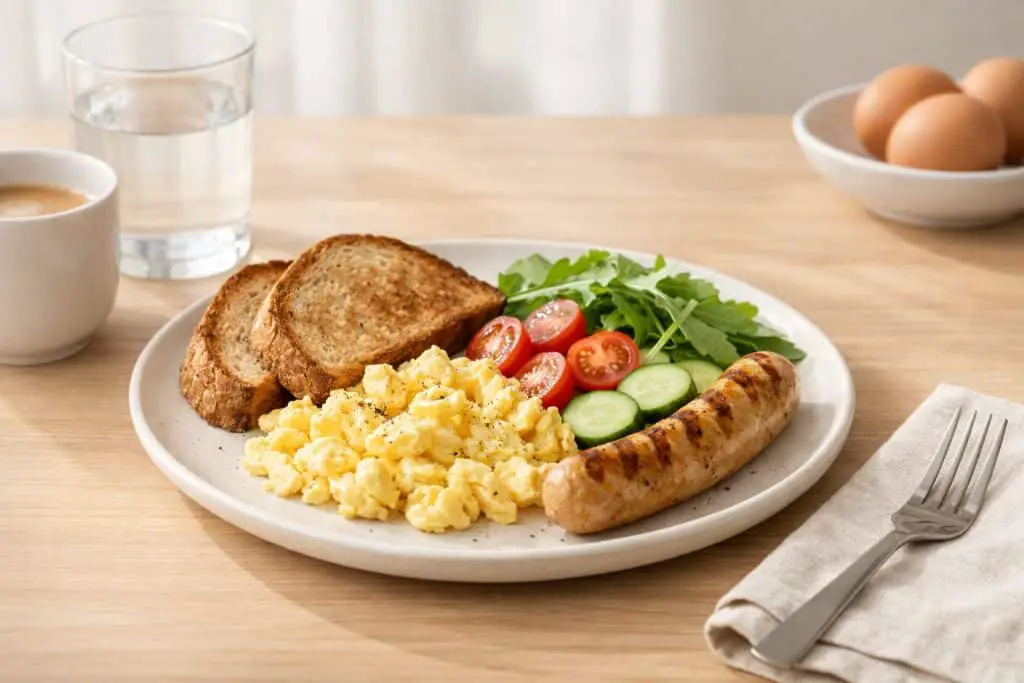 Healthy breakfast with chicken sausage, eggs, and veggies, showing when to eat chicken sausage in a nutritious meal.