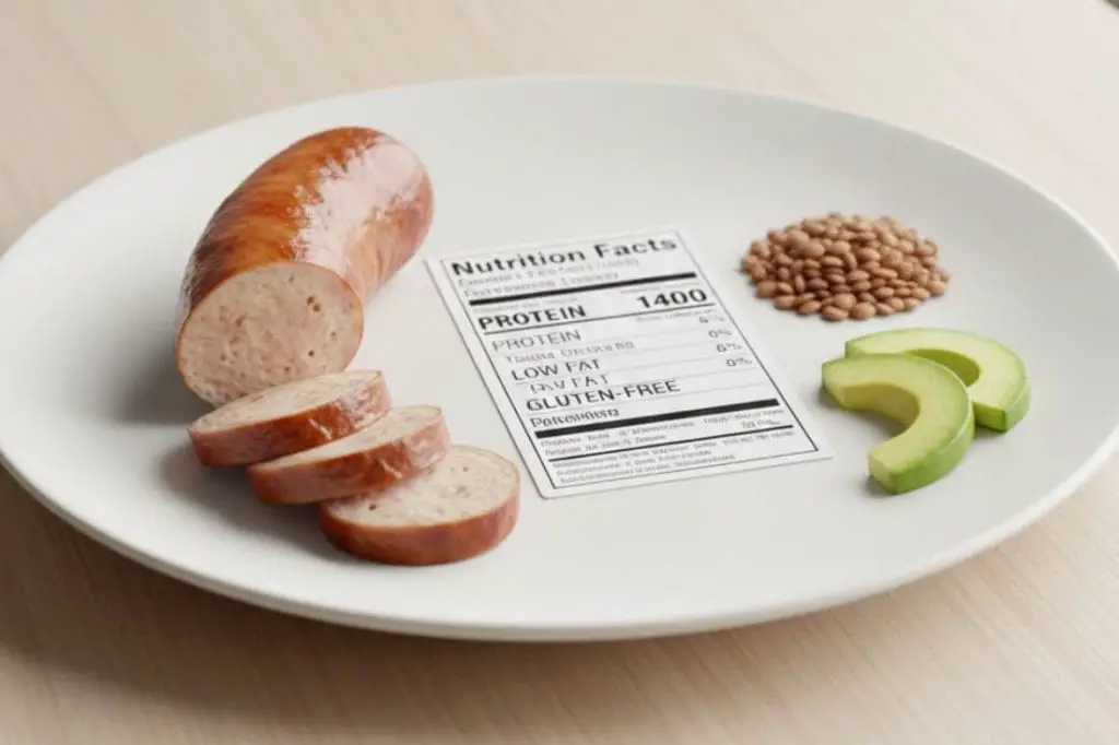 Are Chicken Sausages Gluten Free? Read This First 4 Plate showcasing nutritional information for gluten-free chicken sausages, including protein, low fat, and gluten-free labeling.