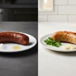 Grilled chicken sausages on plates, inviting consideration of whether their consumption may contribute to inflammation in the body.