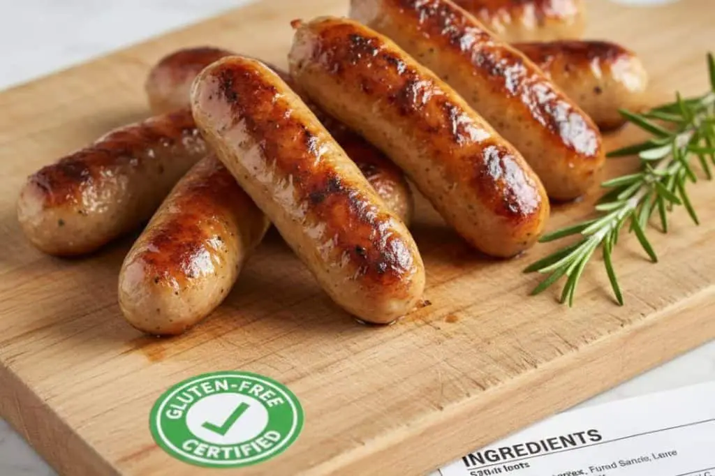 Image shows several grilled sausages on a wooden cutting board, with a gluten-free certification symbol indicating these are gluten-free chicken sausages.