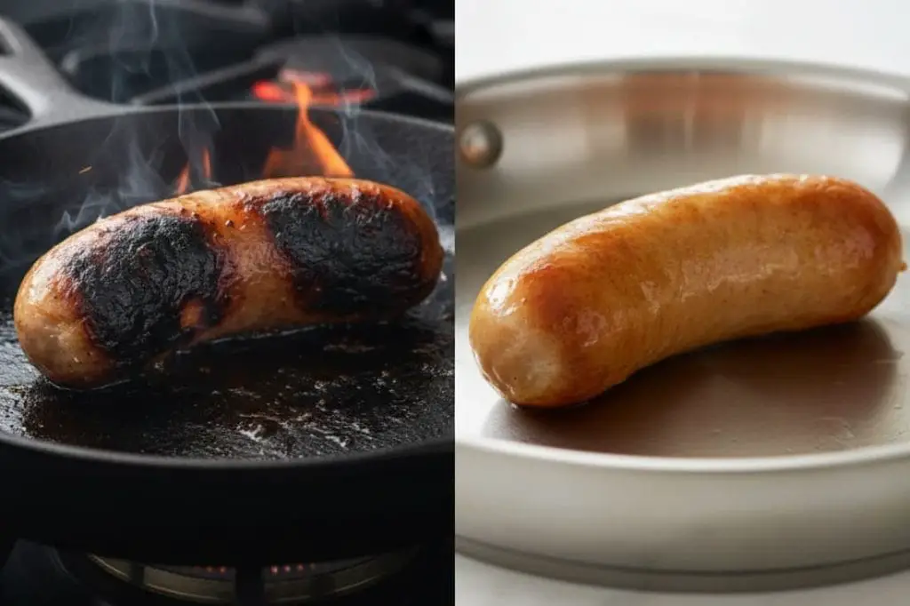 Contrasting visuals of an intensely cooked sausage and a simply prepared sausage raise questions about the inflammatory properties of highly processed chicken sausages.