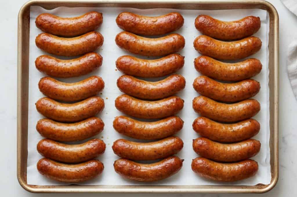 Cooked chicken sausages arranged on a baking tray, highlighting the importance of verifying their internal temperature to ensure thorough cooking and food safety.