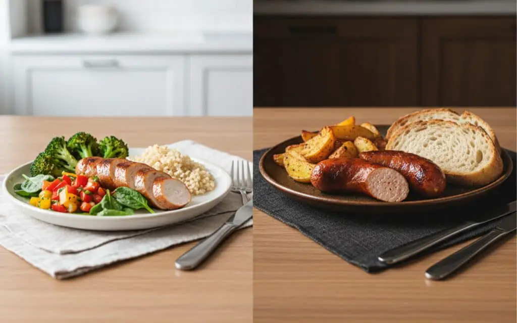 Chicken Sausage vs Pork Naturally, Flavor Without the Guilt 2 Comparing chicken sausage vs pork meals, one with lean grains and greens, the other with bread and fries.