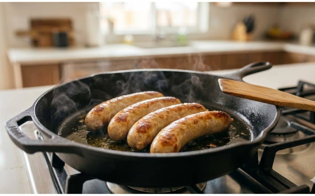 Sizzling links in a skillet, the best way to cook chicken sausage on stove for a golden-brown sear.