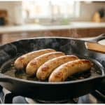Sizzling links in a skillet, the best way to cook chicken sausage on stove for a golden-brown sear.