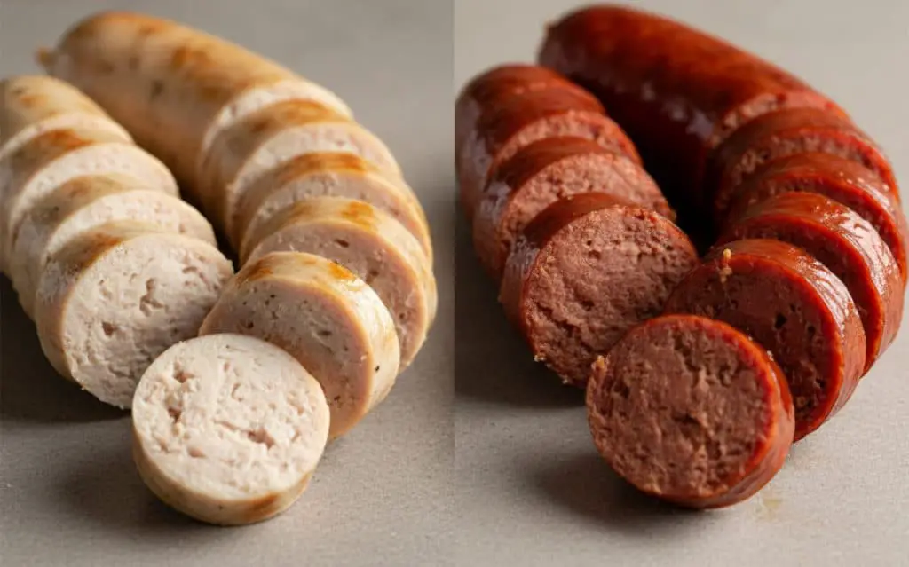 Visualizing chicken sausage vs pork sausage to highlight the leaner appearance of poultry-based options.
