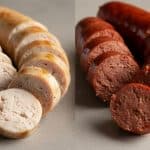 Visualizing chicken sausage vs pork sausage to highlight the leaner appearance of poultry-based options.