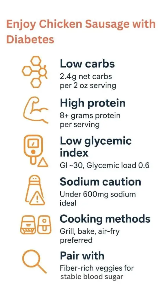 Chicken Sausage Good for Diabetics: A Healthy Choice 3 Infographic showing chicken sausage good for diabetics with low carbs high protein and low glycemic index