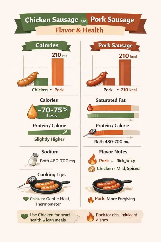 Chicken Sausage vs Pork Naturally, Flavor Without the Guilt 3 Infographic comparing chicken sausage vs pork for easy sheet pan dinners with lower fat and calories.