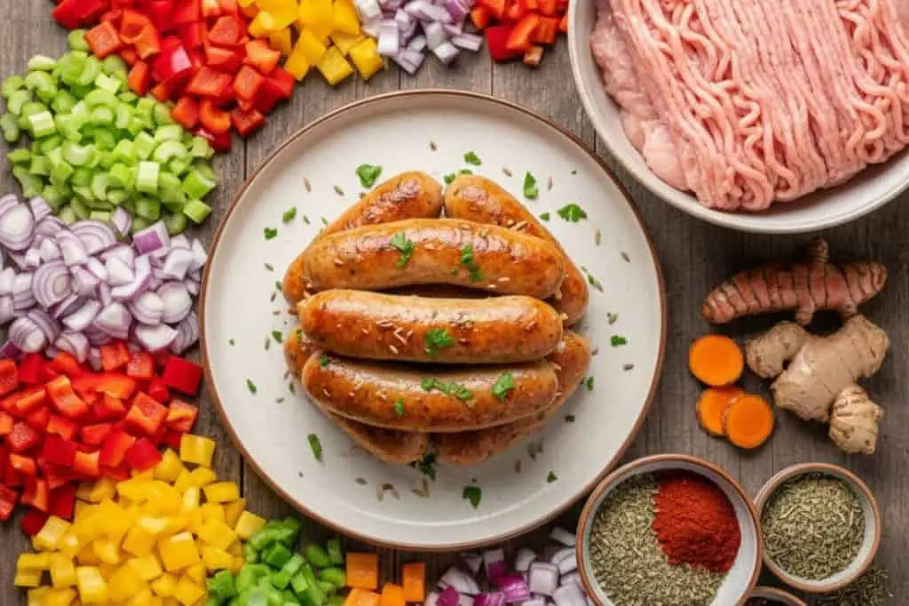 Cooked chicken sausages surrounded by colorful vegetables and spices raise questions about the potential inflammatory effects of processed meats like sausage.