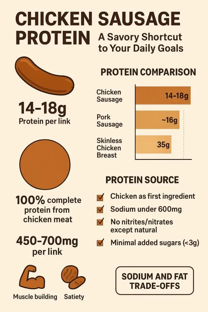 Are chicken sausages protein? Infographic showing 14-18g protein per link with nutritional comparison and benefits