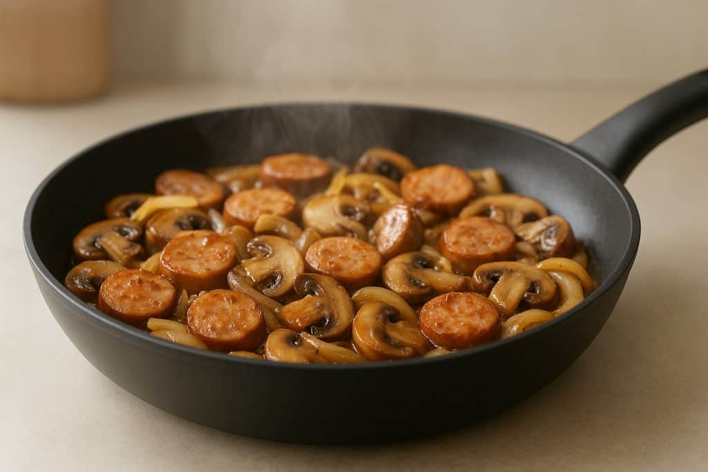 Closeup of pan-fried chicken sausage slices and sautéed mushrooms, key ingredients in the easy one-pan chicken sausage mushroom recipe