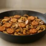 Closeup of pan-fried chicken sausage slices and sautéed mushrooms, key ingredients in the easy one-pan chicken sausage mushroom recipe