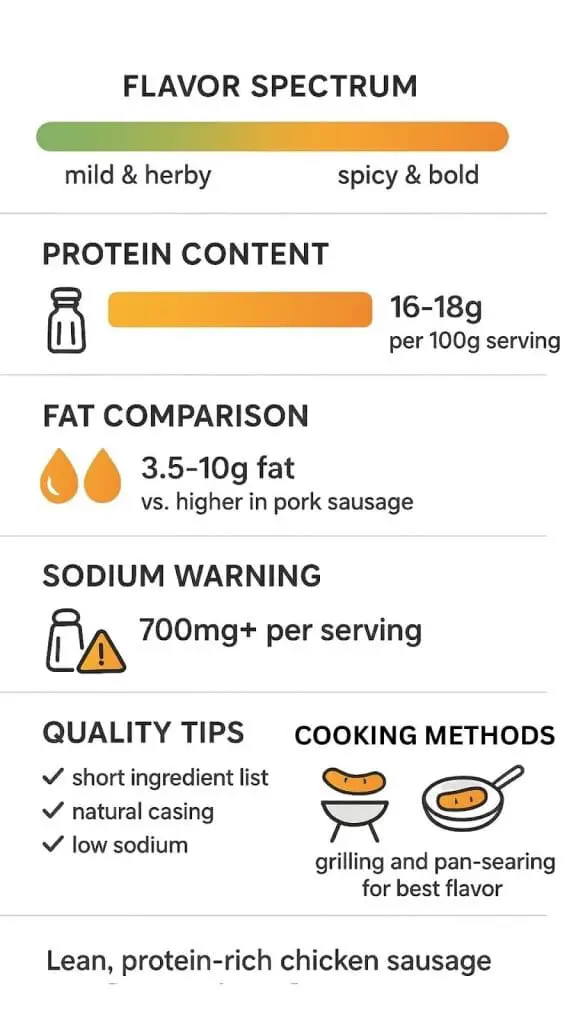 Are chicken sausages nice? Infographic showing flavor spectrum, protein content, fat comparison, and cooking methods guide