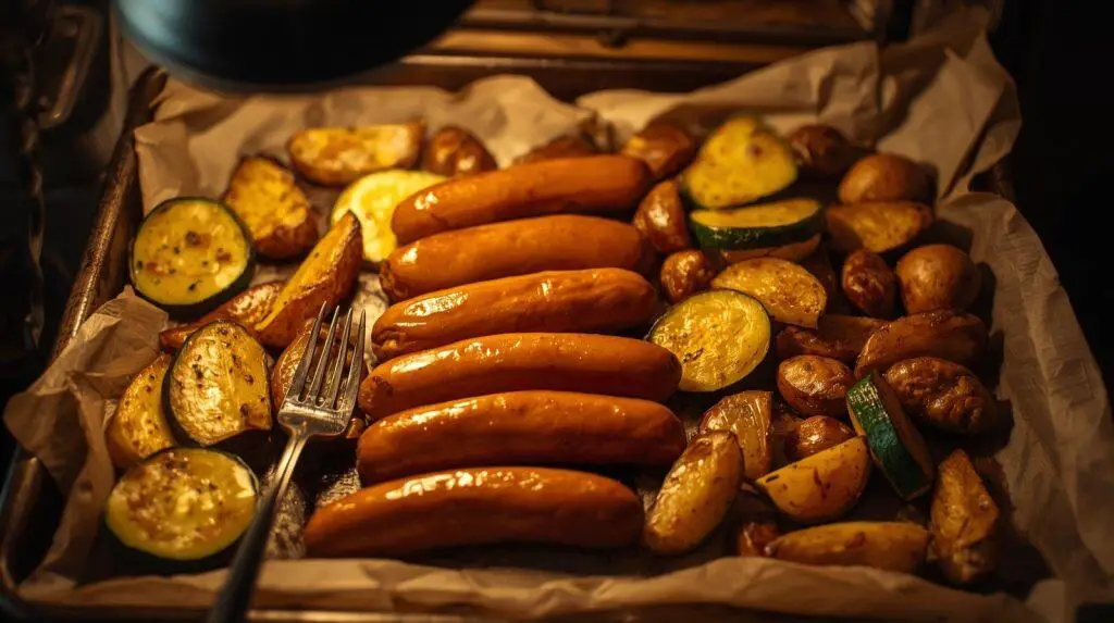 Are chicken sausages nice? Hand reaching for packaged sausages in refrigerator drawer alongside fresh vegetables