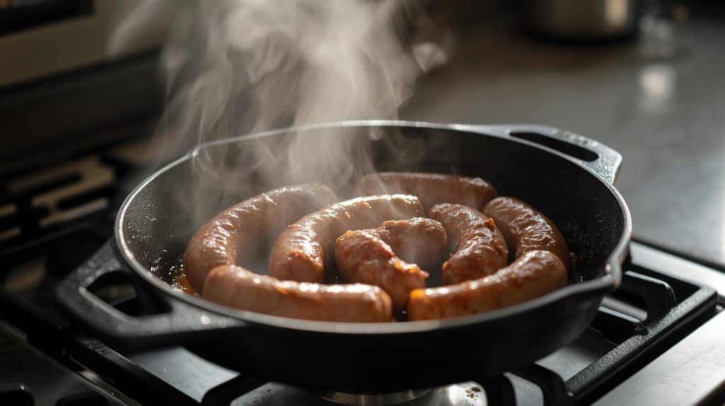 Are chicken sausages protein? Sizzling chicken sausages cooking in cast iron skillet with steam rising on stovetop