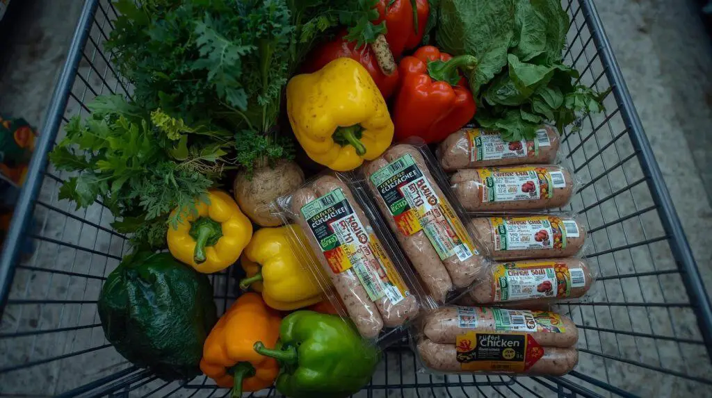 Are chicken sausages protein? Shopping cart with packaged chicken sausages and fresh vegetables at grocery store