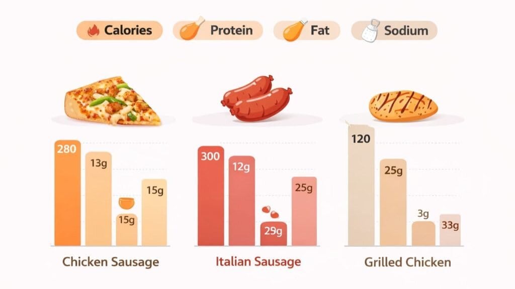 Nutritional breakdown of Chicken sausage Domino's pizza and other savory protein-rich options.