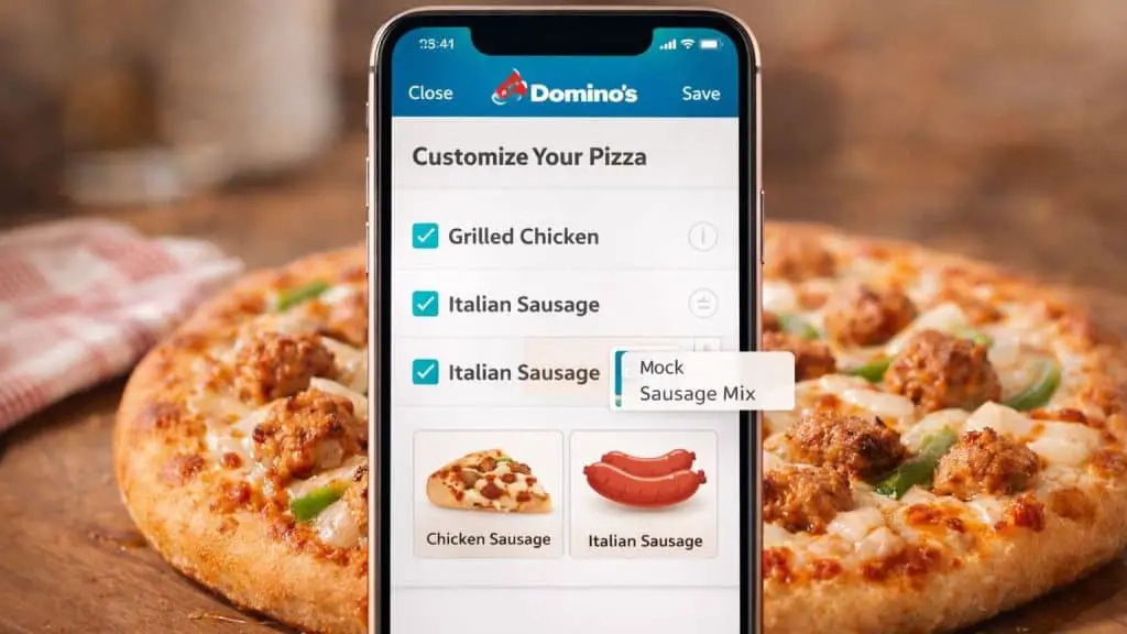 Domino's mobile app showcasing customization options for [Chicken sausage Domino's] and other tasty pizza toppings.