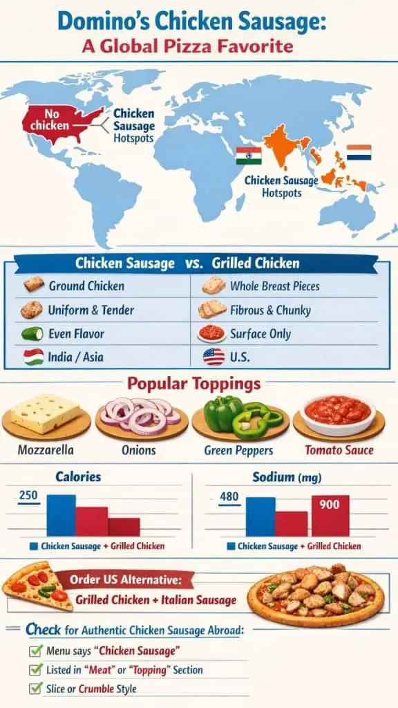 Detailed comparison of Chicken sausage Domino's nutritional information and customer preferences across regions.